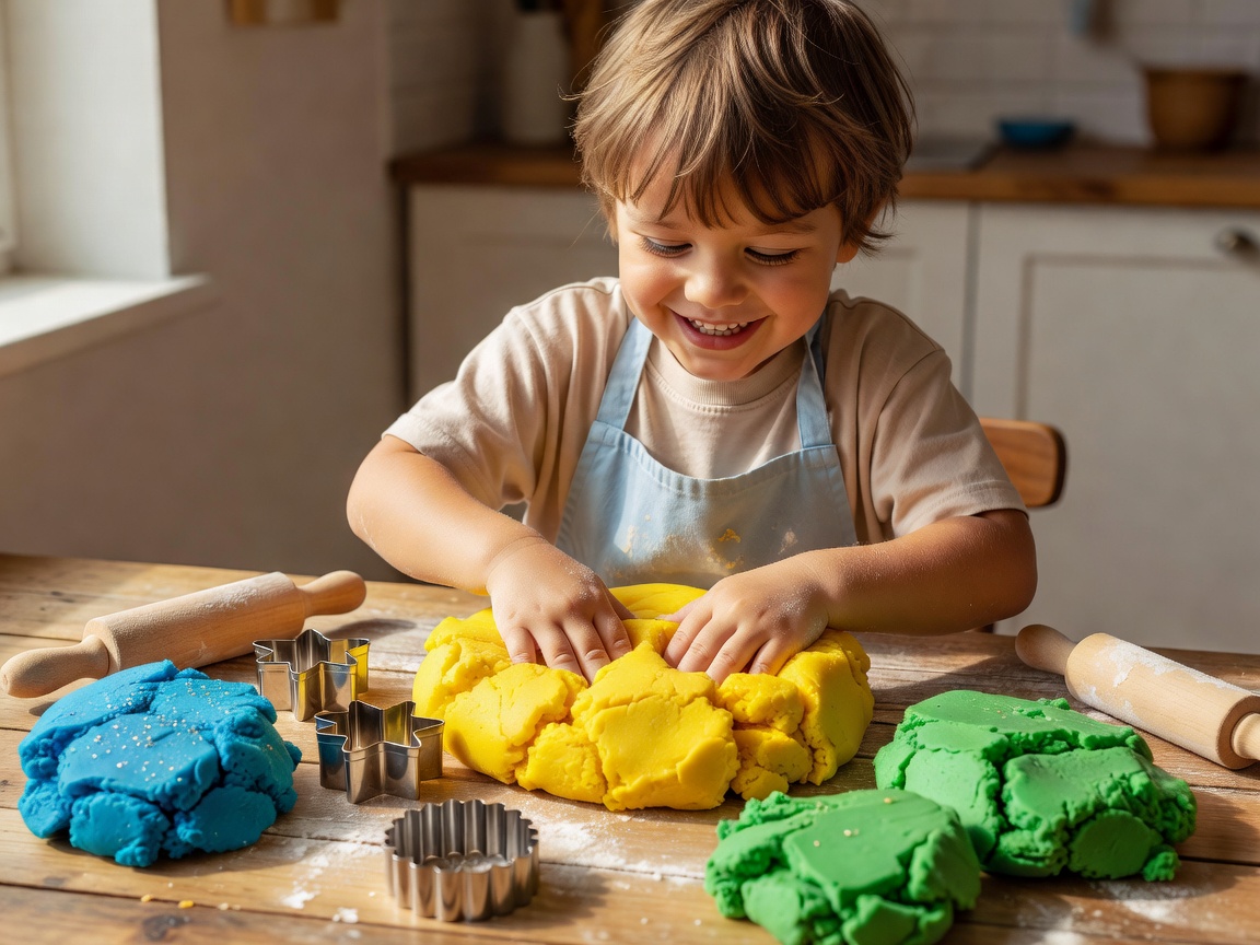 Child happily molding sensory dough compounds and kitchen cutter tools