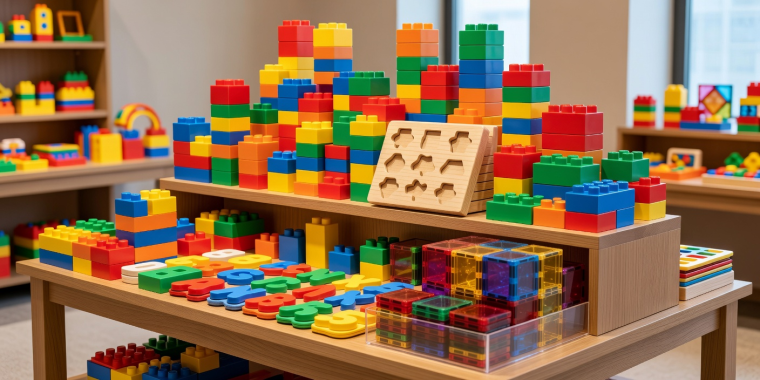 Colorful children building blocks and educational bestselling toys display