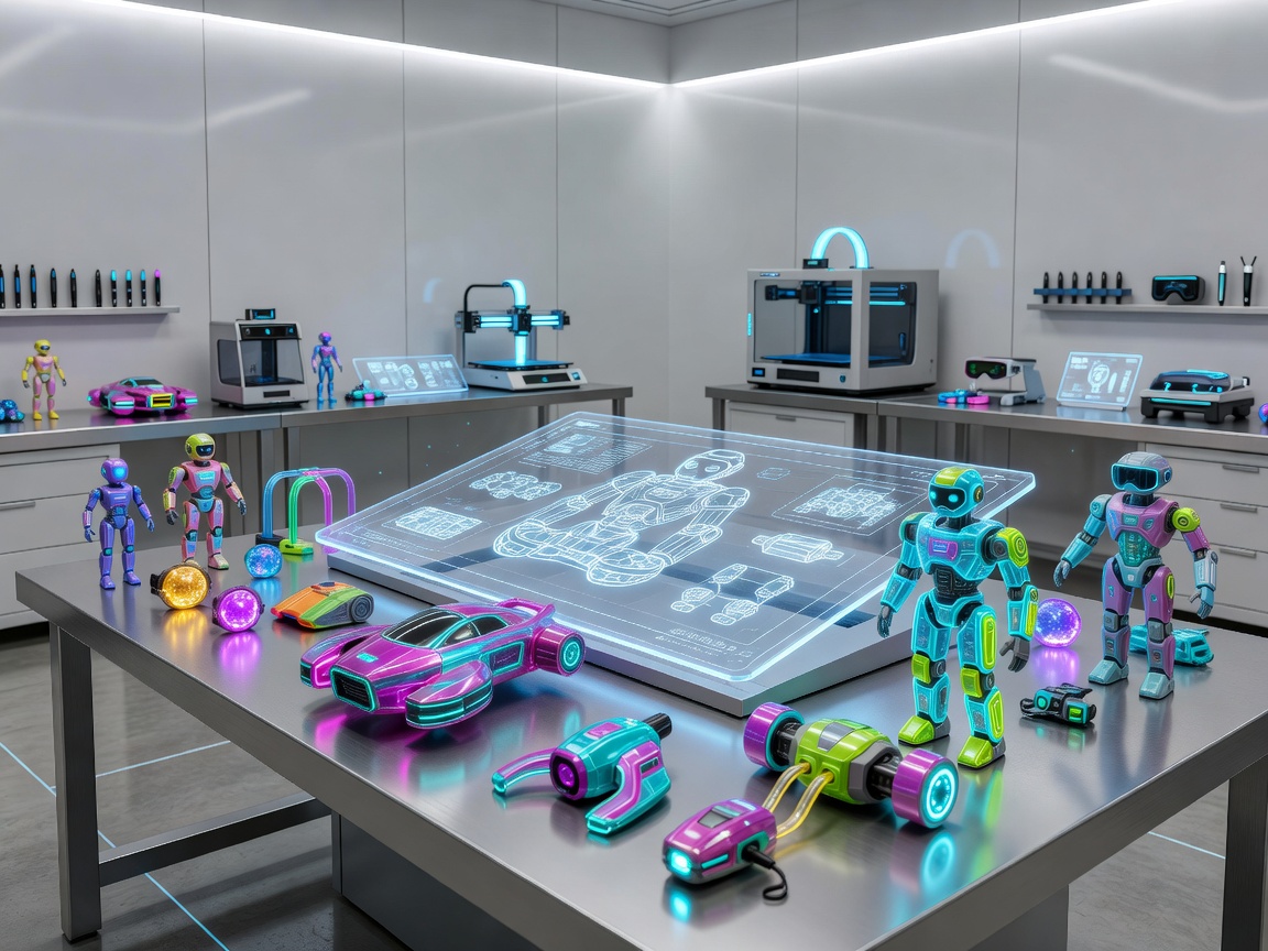 Futuristic toy design blueprint laboratory with colorful prototypes