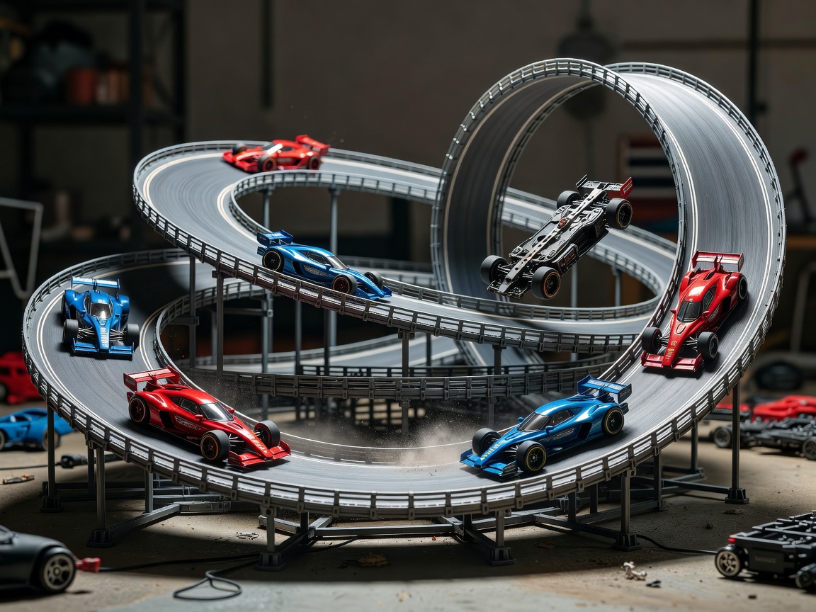 Motorized high-speed miniature racing car track loops with dramatic bends