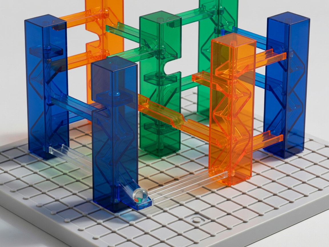 STEM gravity maze transparent colored towers marble logic puzzle on game grid
